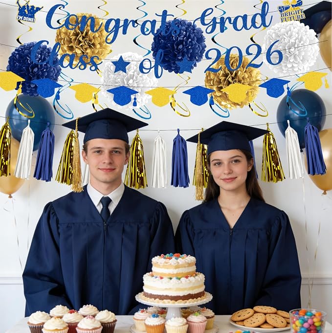 Rakuto Navy Blue and Gold Graduation Decorations 2026, 32PCS Congrats Grad Class of 2026 Glitter Banners and Hanging Swirls, Congratulations Grad Tassel Garland and Paper Pom Poms Party Decor