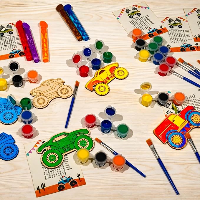 HandTool Monster Truck Party Favors, 24 PCS DIY Wooden Truck Painting Crafts Kit for Kids with Paints & Magnets, Bubble Wands, Cards and Gift Bags, Monster Truck Birthday Supplies Classroom Rewards