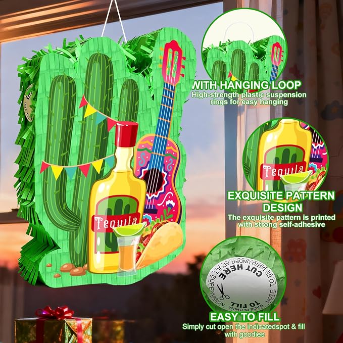 Mexican Cactus Piñata, 4pcs Mexican Pinata Set Includes Cinco De Mayo Cactus Pinata Blindfold Mexican Piñata Stick etc Mexican Fiesta Decorations Mexican Party Decorations