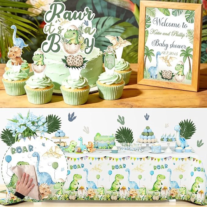 Hombae Dinosaur Baby Shower Decorations, Hatching Soon Baby Shower Supplies with Backdrop, Balloon Garland, Boxes, Mama Saurus Sash for Boys Dino Theme Party