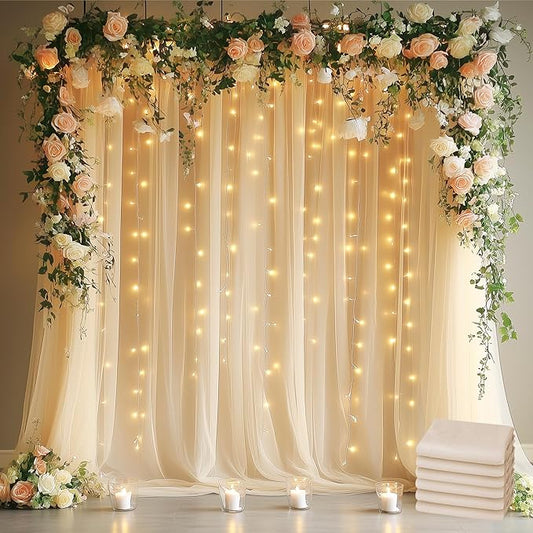 Fomcet Tulle Backdrop Curtains Champagne 30FT X 8FT Tulle Curtains with Lights String Sheer Backdrop Curtain for Parties Wedding Baby Shower Photo Shoot Decorations (6 Panels 5x8FT)