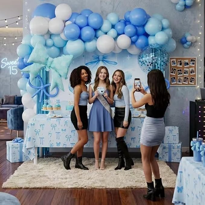 189pcs Blue Bow Coquette Birthday Decorations Soft Blue Aesthetic Party Set with Banner Backdrop Foil Balloons Table Cloth Fringe Curtain Hanging Swirls Cake Topper, Dreamy Romantic Decor Supplies