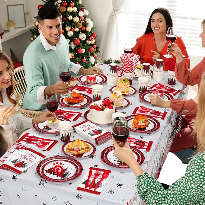 Funnymoom 452 Pcs Christmas Tree Party Supplies for 50, Red Buffalo Plaid Gingham Christmas Paper Plates Napkins Cups Tablecloth Cutlery Straws Tableware Set for Xmas Holiday Party Decorations
