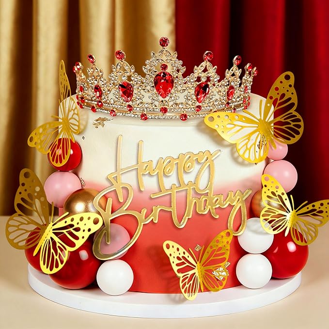 Red Queen Crown Cake Topper Gold Crown Birthday Decorations Butterfly Sign Gold Balls Cake Decorations Birthday Party Bridal Shower Decor