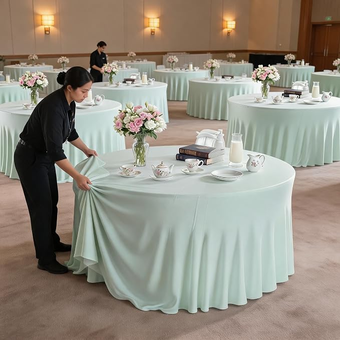 10 Pack Ivory Green Round Spandex Tablecloths for 60in Tables, 120 Inch Stretch Fitted Table Skirts, Wrinkle-Free Washable Polyester Covers for Wedding, Banquet & Party