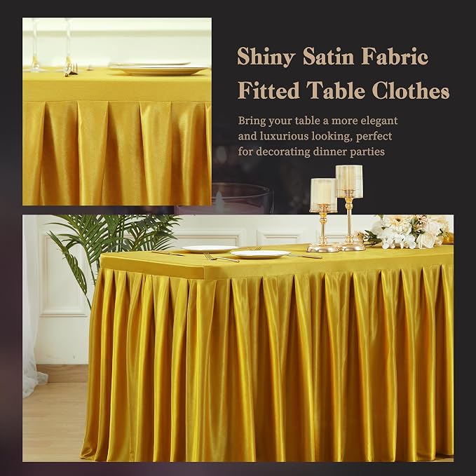 Wish Care 4 Pack Satin Table Cover Skirts for 8ft Rectangular Tables, Dark Gold Shimmer Silk Tablecloth with Floor Length Ruffle for Wedding Banquet Party Buffet Decoration