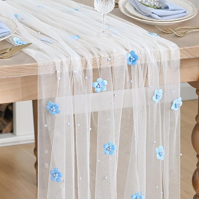 Artoid Mode Blue Flower Pearl White Gauze Table Runner 10FT, Seasonal Sheer Dining Holiday Wedding Birthday Baby Shower Table Decor for Home Party