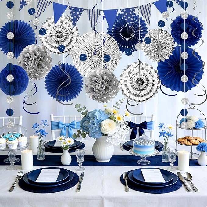 24 Pcs Blue and Silver Party Decorations, Paper Fans Honeycomb Pom Poms Pennant Garland, Reusable Hanging Supplies for 2026 Blue Graduation Decorations, Blue Birthday Decorations