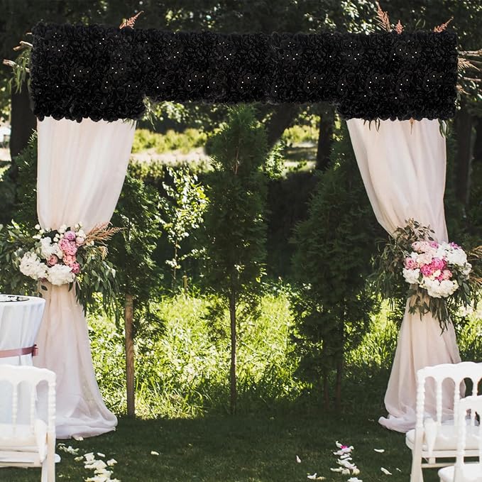 3D Flower Wall Backdrop - 12Pcs 15×15 Inch Artificial Rose Panels Black Silk Floral Decor for Home Party Wedding Anniversary Birthday Photographic Studio Background & Decorative Fences