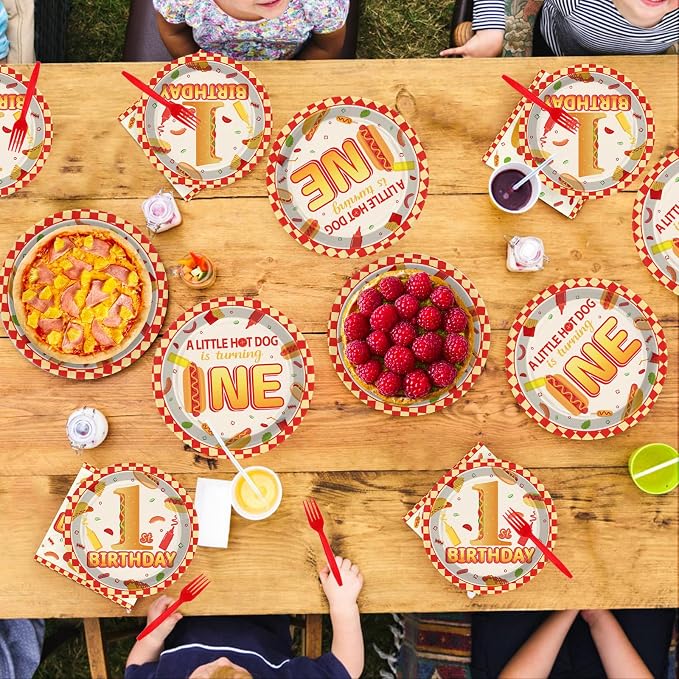 96Pcs Hot Dog 1st Birthday Party Supplies A Little Hotdog Is Turning One Plates and Napkins Fast Food Sausage Disposable Tableware Set for Kids One Year Old Birthday Baby Shower Decorations Serves 24