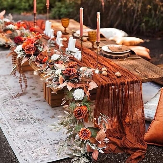 10 Pack Terracotta Cheesecloth Table Runner 17x108 Inch Semi Sheer Boho Rustic Gauze Cheese Cloth Table Runners for Wedding Party Birthday Baby Shower Home Décor