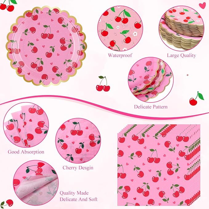 Funnymoom 400 Pcs Cherry Party Supplies for 50 Guest Cute Fruit Birthday Disposable Plates Napkin Cup Spoon Fork Knives for Summer Picnic Wedding Birthday Baby Shower Bridal Party Supplies