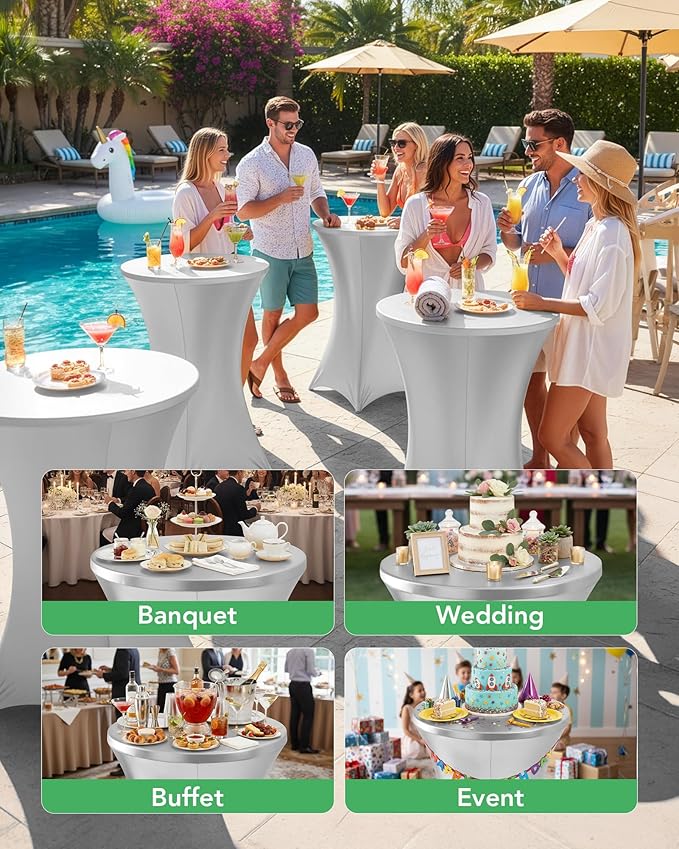 Cocktail High Top Table Covers - 32x43 Inch Fitted Spandex Round Cocktail Tablecloth for Bar Height Standing Table Cloths Reusable, for Party Wedding Banquet Event Decorations, Shiny White, 8 Pack