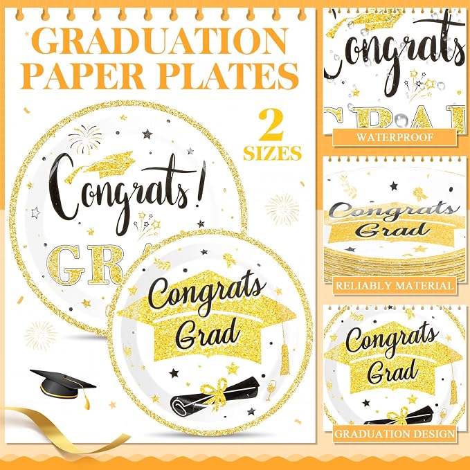 Domensi 400 Pcs 2026 Graduation Decorations Plates and Napkins and Cups Set Serve 50, White and Gold Graduation Party Supplies, Class of 2026 Paper Tableware 9oz Cup Knife Fork Spoon Congrats Grad