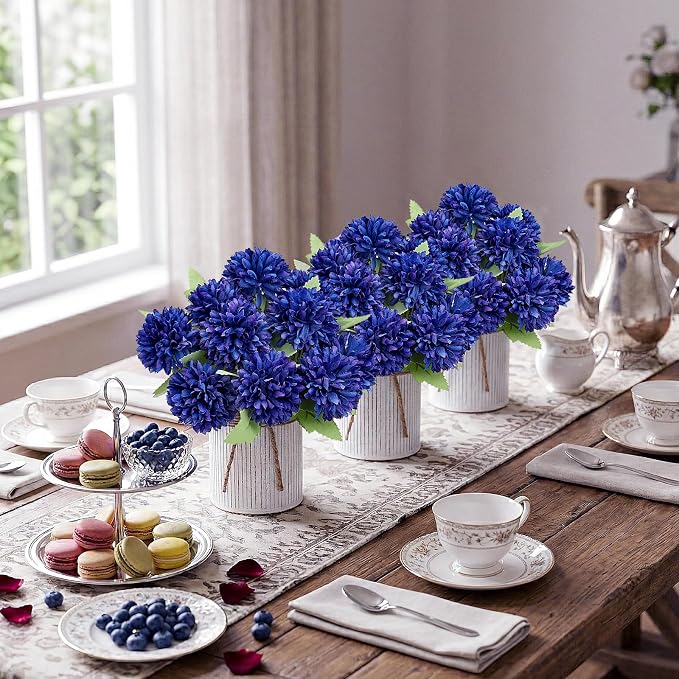Pre-Made Flower Table Centerpieces, Set of 6 Artificial Silk Chrysanthemum with Farmhouse Metal Vases for Wedding, Birthday Parties, Home, Dining Table Decorations - Royal Blue