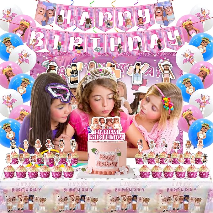 Birthday Party Supplies - Theme Children's Party Decorations Included 18-Balloons, 1-Backdrop, 1-Banner, 6-Hanging Swirls, 1-Tablecloth, 24-Cupcake Cake Toppers