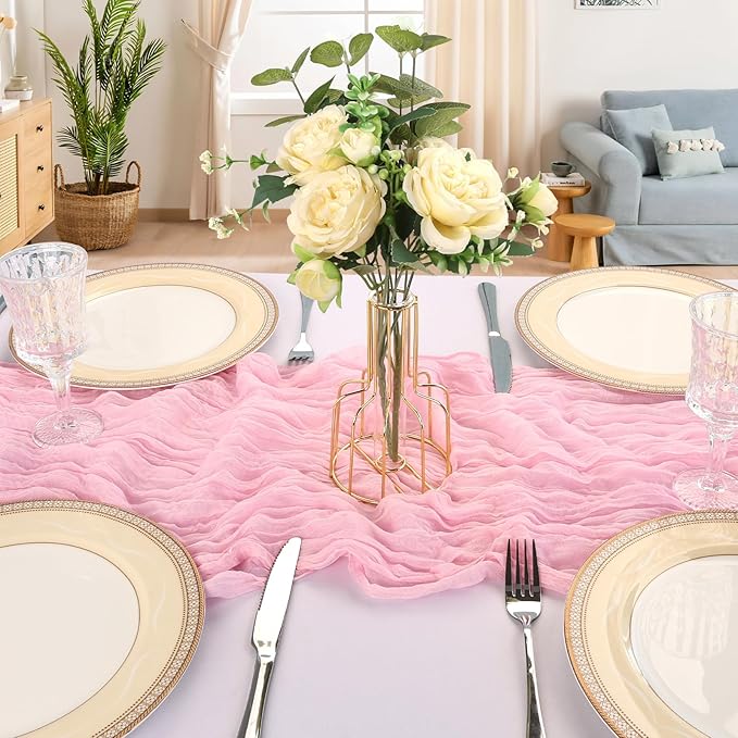 12 Pack 10FT Pink Cheesecloth Table Runner 120 Inch Long Gauze Rustic Boho Spring Cheese Cloth Table Runner Sheer Fabric Decorations for Holiday Party Wedding Banquet Bridal Baby Shower Décor