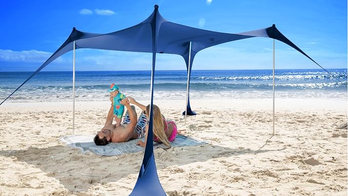 Sun Ninja Beach Tent Sun Shelter UPF50+ - Easy Pop Up Beach Canopy - Outdoor Shade for Camping Trips, Fishing, Backyard Fun Picnics - Sand Shovel, Ground Pegs & Stability Poles