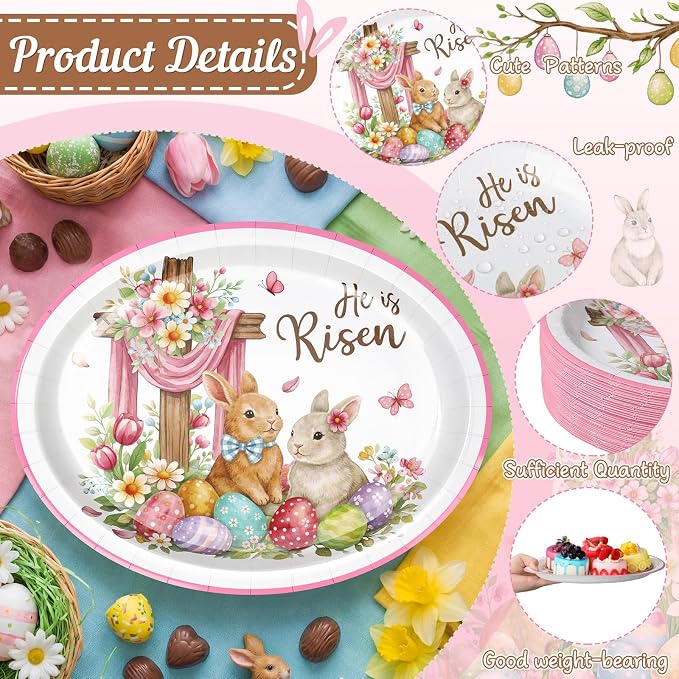 Vesici 150 Pcs He is Risen Oval Paper Plates and Napkins Christian Easter Tableware Set 10'' x 12'' Large Disposable Heavy Duty Religious Easter Plates Cross Paper Cups Napkin for Jesus Party Supplies