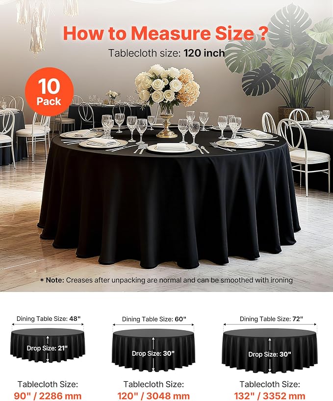VEVOR Black Round Tablecloths 10 Pack, 120 Inches in Diameter, Stain- & Wrinkle- Resistant, Machine Washable Table Clothes, Polyester Fabric Table Covers for Wedding, Party, Banquet, Formal Events