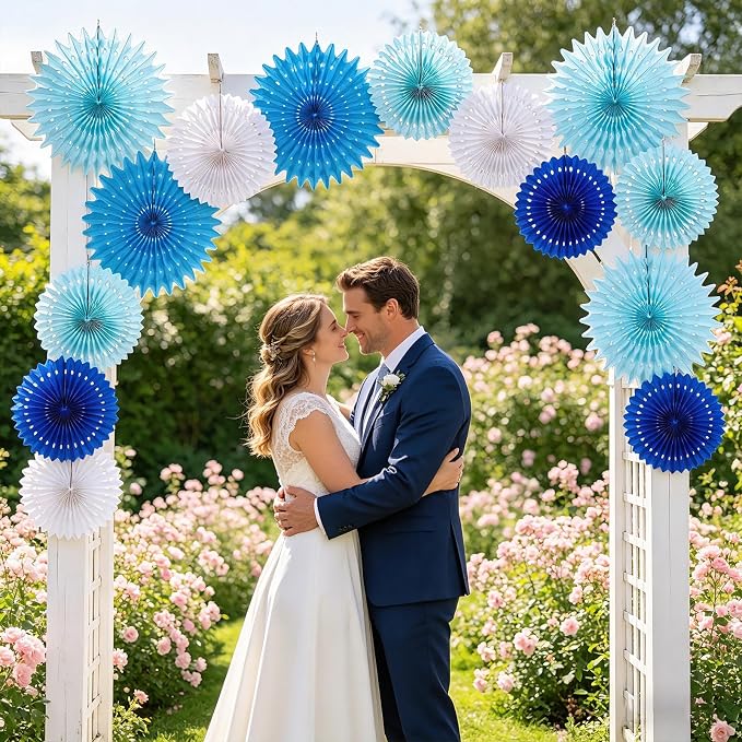 SUNBEAUTY Pack of 13 Blue White Hanging Honeycomb Paper Fans Party Decoration Kit for Baby Boy Shower 1st Birthday Navy Ocean Wedding Under The Sea Theme Photo Booth Backdrops Paper Party Supplies