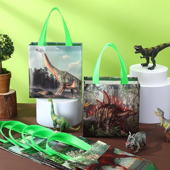 Sweetude 40 Pcs Dinosaur Gift Party Favor Bags with Handle, Non Woven Goodie Bags Birthday Favor for Birthday Baby Shower Packaging Supplies