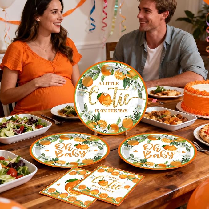 279 PCS A Little Cutie Is On The Way Decorations, All-in-One Orange Baby Shower Party Pack With Balloon, Backdrop, Plates and Napkins, for Little Cutie Baby Shower, Service 25