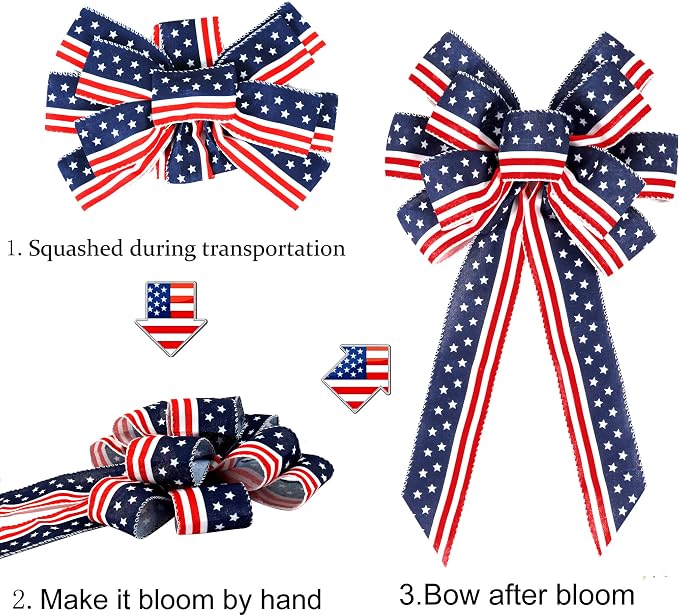 2 Pack 4th of July Decor Bow for Wreath,Red White Blue Stripe Stars Tree Topper Bows for Patriotic,Independence Day,Memorial Day,Veteran's Day,Front Door Indoor Outdoor Decorations