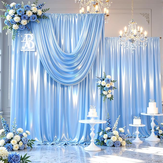 Blue Glitter Backdrop Curtains - 10x12FT Satin Photo Backdrop, Wrinkle-Free Shimmer Back Drop Cloth Shiny Drapes for Photobooth Wedding Birthday Parties Photoshoot Background Decorations