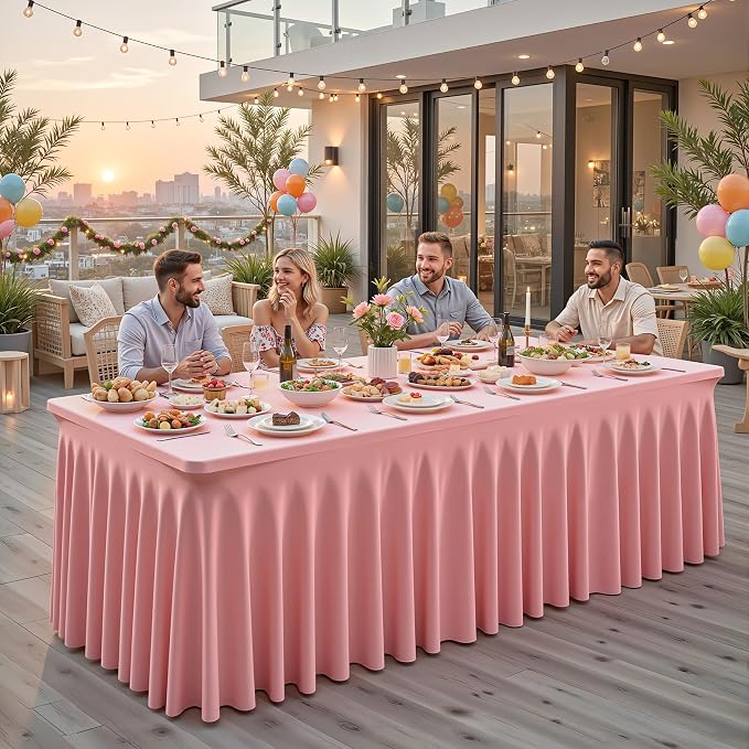Wish Care 2 Pack Dusty Rose Spandex Table Clothes for 4 Foot Rectangle Tables, 4FT Wrinkle Free Fitted Tablecloths Ruffles Design Table Cloth for Party, Banquet, Wedding and Events