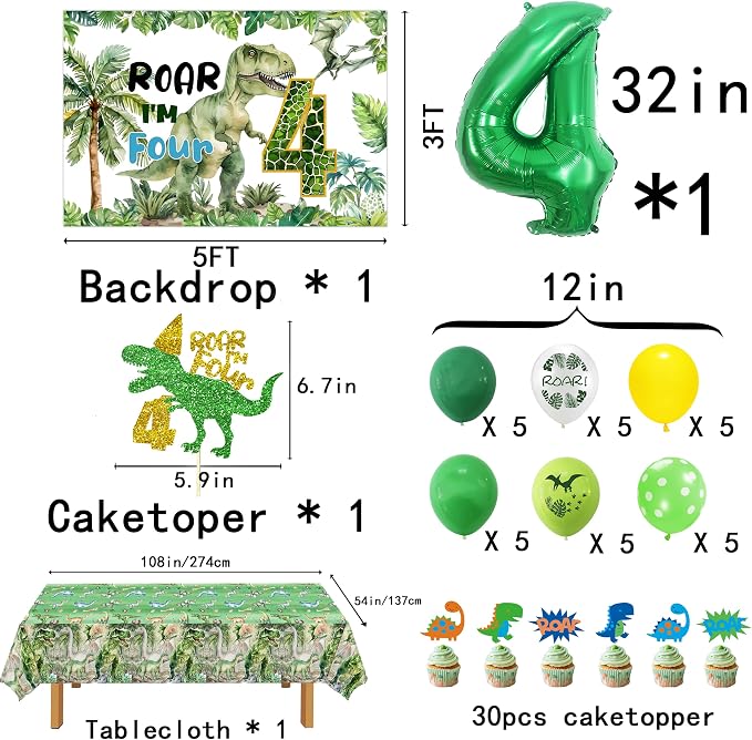 Dinosaur 4th Birthday Party Decorations Boy,Roar Im 4 Dinosaur Party Decorations,Boys 4th Dinosaur Birthday Party Decorations.