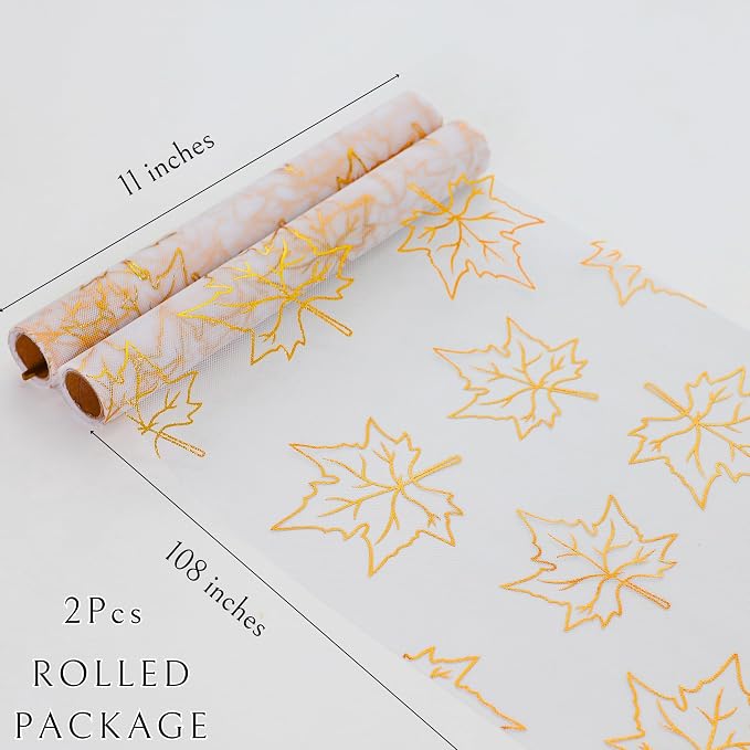 Snowkingdom 2 Pcs Gold Table Runner, Gold Maple Leaves Fall Thanksgiving Table Decorations for Autumn Harvest Sequin Glitter Lightweight White Thin Mesh Sparkle Farmhouse Dining Party Decor 108 Inch