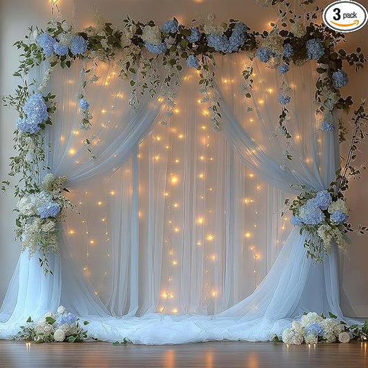10x10ft Baby Blue Tulle Backdrop Curtain with Lights String Sheer Drapes for Baby Shower Decorations for Boy, Bridal Shower, Photo Booth, Birthday Party Decor(2 Panels)