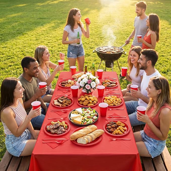 352 Pcs Red Plastic Plates Party Set, 50 Guests Disposable Dinnerware Set with Red Tablecloths, Bold Red Plastic Plates Party Set for Wedding/Valentine's Day/Christmas/Holiday Party
