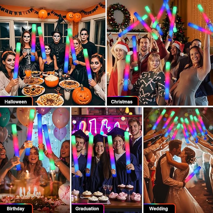 wellent 64 Pack Foam Glow Sticks, Bulk LED Foam Sticks, Foam Light Up Sticks with 3 Mode Colorful Flashing, Glow Party Supplies, Glow Sticks Bulk Party Pack for Wedding, Birthday, Concert, Halloween