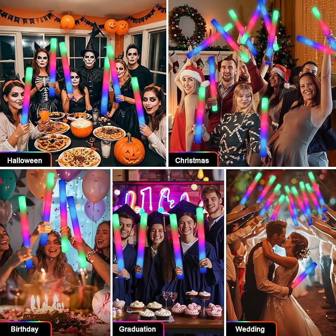 Wellent 155 Foam Glow Sticks Bulk, Foam Light Up Sticks, Bulk Glow Sticks, LED Foam Sticks with 3 Mode Colorful Flashing,Glow in the Dark Party Supplies for Wedding, Birthday, Concert, Raves, New Year