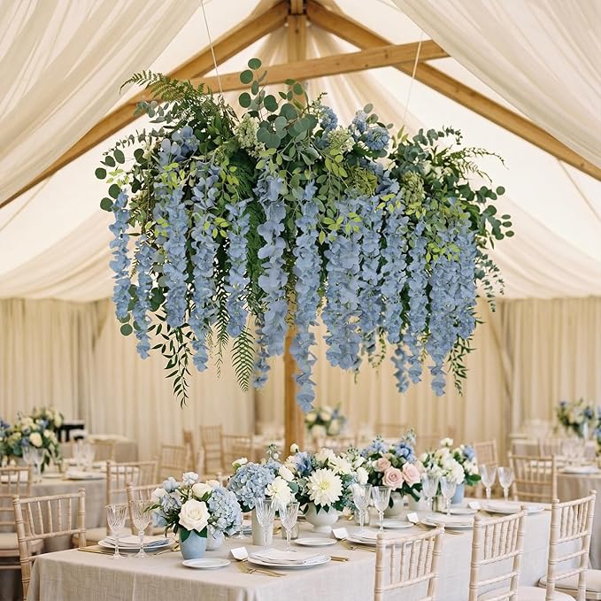 12PCS Dusty Blue Artificial Wisteria Hanging Flowers 3.6Ft Fake Bushy Silk Hanging Flowers Garland Faux Wisteria Vine for Garden Home Wedding Arch Baby Shower Party Decorations (Dusty Blue)
