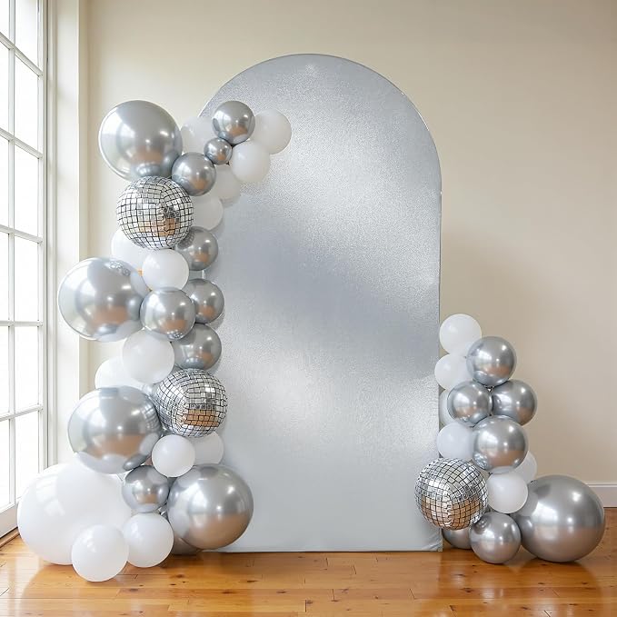 Silver Shimmer Arch Backdrop Cover 7.2FT with Zipper,Thick Soft Stretchy Sequin Glitter Spandex Fitted Chiara Cover for Wedding Birthday Baby Shower Graduation Party Photo Backdrop