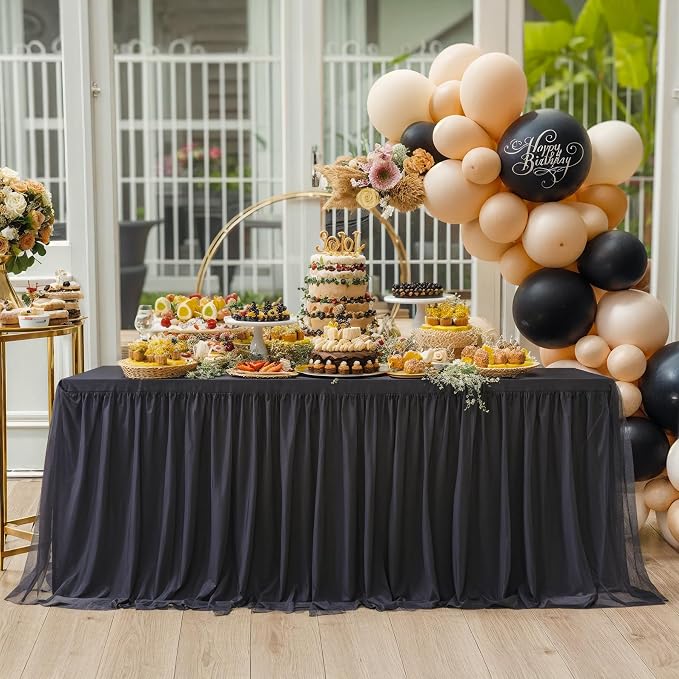 2 Pack Black Tulle Tablecloths for 6 Foot Rectangular Tables, 72 x 30 Inch Black Rectangle Table Cloths, Wrinkle Free Table Cover with Tutu Skirt for Wedding Birthday Party Banquet Buffet Decorations