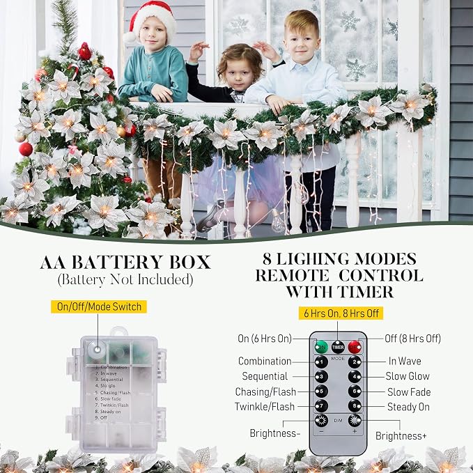 Zubebe 2 Pcs Prelit Poinsettia Christmas Garland with String Lights Glitter Holly Leaves Berries Remote Timer 8 Modes 6.5 ft Lighted Flower Garland Battery Operated Indoor Outdoor Decor(Silver)