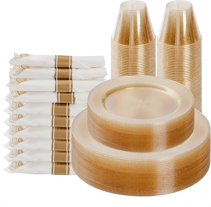 Goodluck 175 Piece Gold Glitter Plastic Dinnerware Set for 25 Guests, Fancy Disposable Plates for Party, Include: 25 Dinner Plates, 25 Dessert Plates, 25 Pre Rolled Napkins with Silverware, 25 Cups
