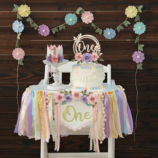Wildflower Pastel 1st High Chair Banner Birthday Decorations For Girls Flower Cake Topper Hat Floral Theme Party Decoration