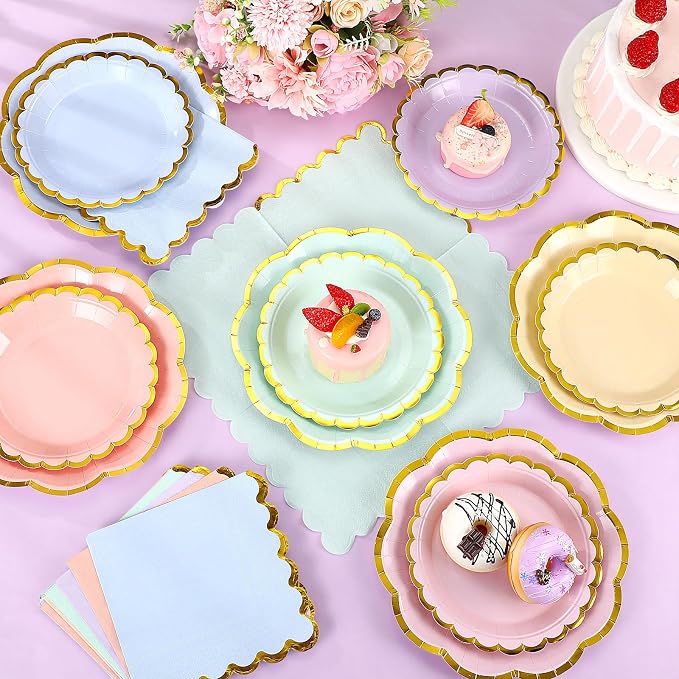 144 Pcs 48 Guests Pastel Rainbow Party Paper Plates and Napkins Sets Heavy Duty Pastel Scalloped Party Plates Napkins Disposable Rainbow Supplies Decoration for Bridal Baby Shower Wedding
