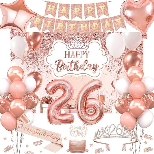 26th Birthday Decorations for Women, 52pcs Sweet Rose Gold Happy 26 Birthday Decorations Including 26th Rose Gold Crown, Sash, Banner, Background for 26 Party Decorations Set
