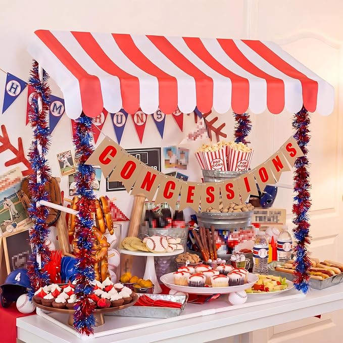 Concessions Stand Supplies Baseball Party Decoration with 1 Set Stand 1 Red and White Striped Sunshade Cloth 4 Red and Blue Tinsel 1 Concessions Banner for Baseball Sport 4th of July Party Decor