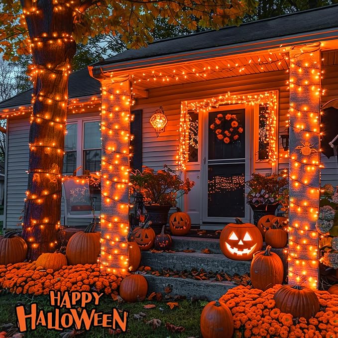 JMEXSUSS 250 LED Orange String Lights, 91.5ft Halloween Lights Plug in | Connectable, 8 Modes, Waterproof, Indoor/Outdoor, Yard Patio Porch Rail Halloween Fall Christmas Holiday Decor