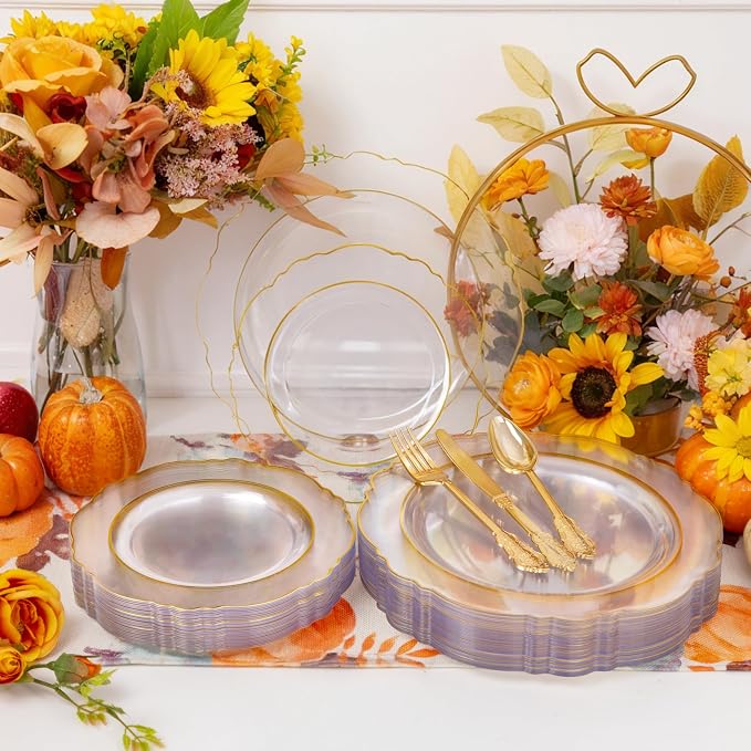 YOUBET 125PCS Gold Plastic Plates - Clear Gold Disposable Plates - 25 Guests Baroque Plastic Dinnerware Includes 25Dinner Plates, 25Dessert Plate, 75Silverware for Party & Wedding