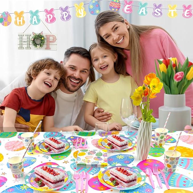 194Pcs Easter Paper Plates & Napkins Sets, Easters Dinnerware/Tableware Sets Including Cups Straws Plastic Cutlery Banner Disposable Tablecloth for Easter Party Supplies Decor,Serves 24 Guests