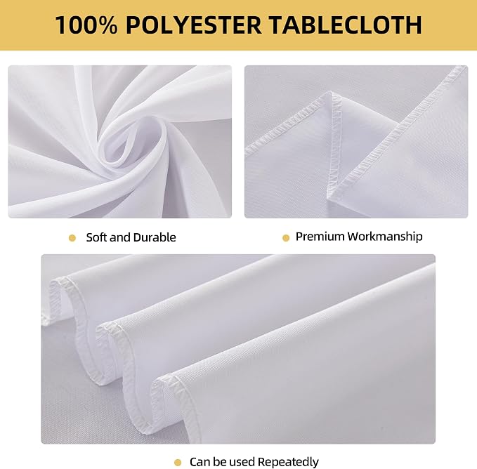 6-Pack Round 120-inch White Table Cloths, Solid Stain and Wrinkle Resistant Circular Tablecloth, Premium Plain Weave Polyester Fabric Table Linen Covers for Hotel, Banquet