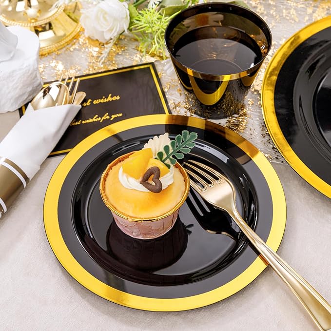 YOUBET 350PCS Black and Gold Plastic Plates - Gold Disposable Dinnerware Sets for 50 Guests - 100 Plastic Plates, 150 Gold Silverware, 50 Cups, 50 Pre Rolled Napkins for Party & Wedding Graduation